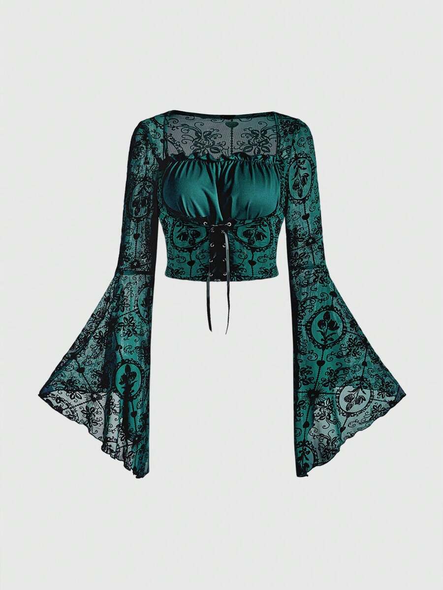 ROMWE Gothic Palace Style Halloween Party Flocked Cross Floral Pattern Mesh Patchwork Lace-Up Waist Women Top - Dark Green - View 1
