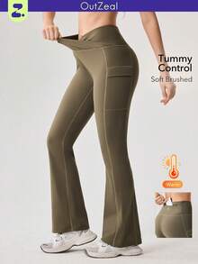 OutZeal 女士保暖磨毛衬里交叉腰后口袋喇叭户外打底裤冬季日常休闲 - 軍綠色 - 查看 12