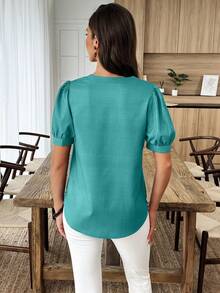 SHEIN LUNE 女士印花V领短泡泡袖休闲衬衫 - 彩色 - 查看 2