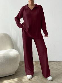 EURMUSE 2pcs Solid Color Ribbed Polo Neck Loose Knit Sweaters Everyday Travel Burgundy Autumn Minimalist Casual - Burgundy - View 3