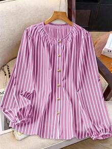 Linhara Plus Size Women's French Striped Puff Sleeve Round Neck Metal Button Shirt - Pink - View 1