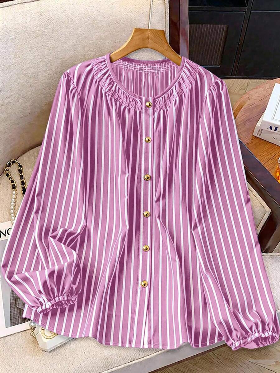 Linhara Plus Size Women's French Striped Puff Sleeve Round Neck Metal Button Shirt - Pink - View 1