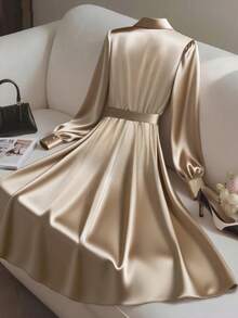 GlowEve CURVE Plus Size Women Elegant Casual Commute Daily Satin Long Sleeve Cross Collar Long Dress With Tie Bow - Khaki - View 2