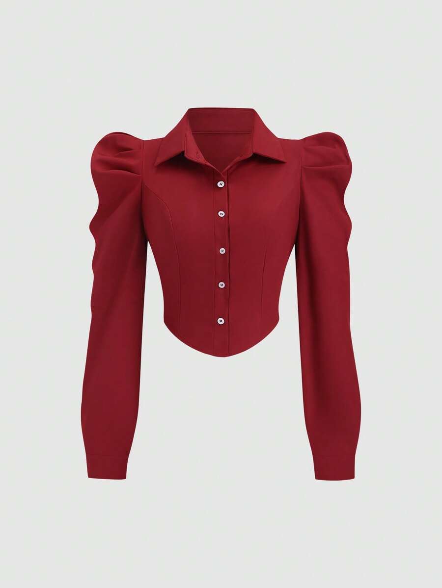 Sweetra Fitted Solid Color Shirt With Puff Sleeves, Suitable For Commuting In Autumn - Red - View 1