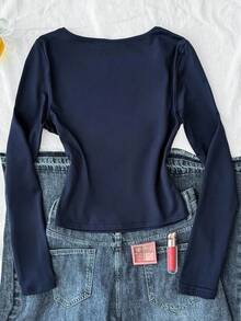 Teen Girls' Blue Knit Ruched Bust Lace Trim Fitted Long Sleeve Casual T-Shirt Cute Tops - Navy Blue - View 2