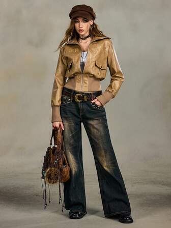 Grunge Punk Vintage Street-Style Distressed PU Biker Jacket For Women