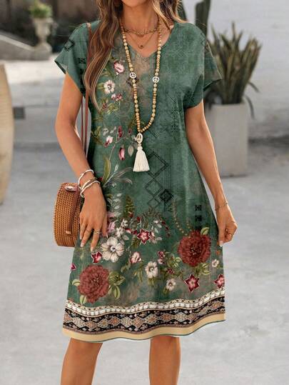 EMERY ROSE Women's Short Sleeve Midi Dress, Geometric Print, Spring/Summer Carnival Boho Summer Dress Women Short Sleeve Summer Dress Women Vacation Dress Green Floral Dress Women Summer Casual Dress