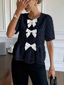 Serisse Women's Bow Decor Short Sleeve Ruffle Hem Fashionable Blouse,Summer Top - Navy Blue - View 3