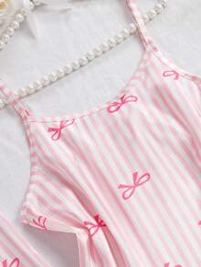 Girls Pajamas Set, Includes Striped Robe, Camisole, And Shorts, Minimalist Pink With Bow Print, For Big Tween Girl Bows Design Pajamas - Multicolor - View 5