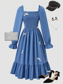 SHEIN Teenage Girls' Elegant Black Mid-Length Dress, Square Neck Puff Sleeve, Bow Waist Pleated Dress, Suitable For Family Gatherings, Parties, And Daily Wear