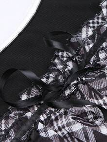 Sunspun Camiseta de manga larga ajustada con volantes, parches a cuadros y lazo para tallas grandes