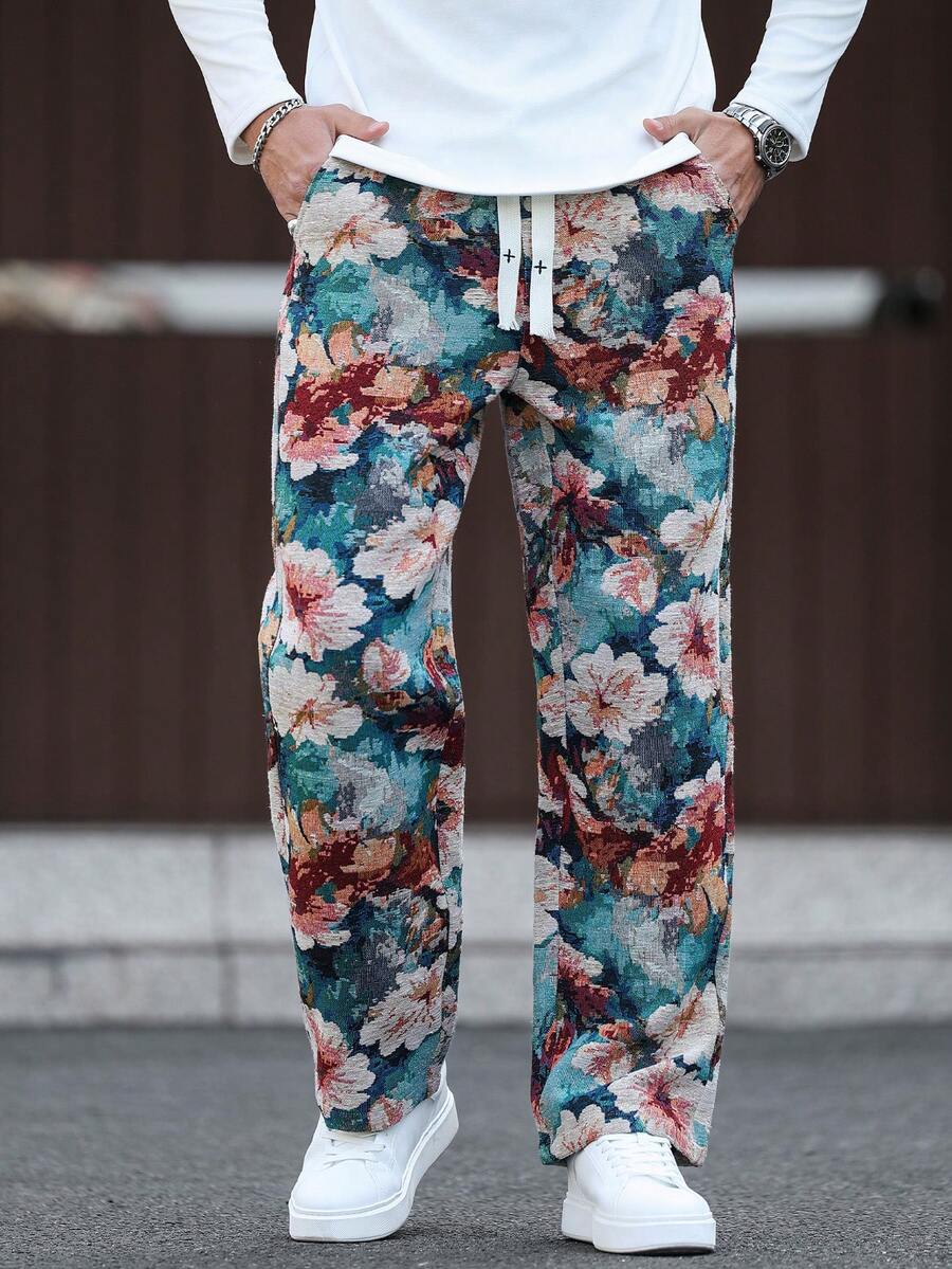 Manfinity Homme Quần dài nam dáng suông rộng, họa tiết hoa, có dây rút ở eo, túi hông, chất liệu jacquard. - Nhiều màu - Xem 1