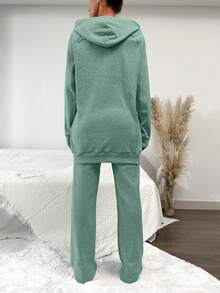 SHEIN Cottnline 女士纯色抽绳连帽口袋长袖上衣和裤子休闲日常通勤套装 - 薄荷綠 - 查看 2