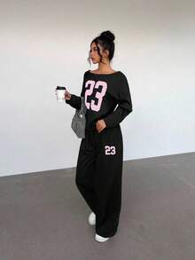 Aloruh 2pcs Women Contrast Color Numeric Print Round Neck Long Sleeve Set - Black - View 4
