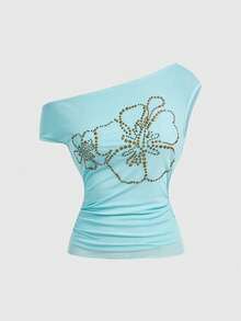 ROMWE Avant Y2K Style Hibiscus Flower Rivet Sequin Decor Women Slim Fit Asymmetric Shoulder Top - Green - View 5