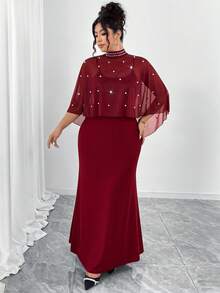 Cravure Bộ đồ 2 mảnh cỡ lớn bằng vải chiffon nhẹ, cổ cao, đính ngọc trai không đều, kết hợp với áo choàng và áo hai dây cạp chun mềm mại, dáng đuôi cá, thanh lịch cho dạo phố, hẹn hò, dự tiệc, buổi tối hoặc tiệc trà chiều. - Màu Đỏ Sâu - Xem 6