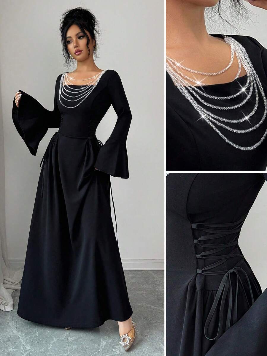 SHEIN Clasi Crystal Beaded Collar Elegant Long Sleeve Tie Waist Flare ...