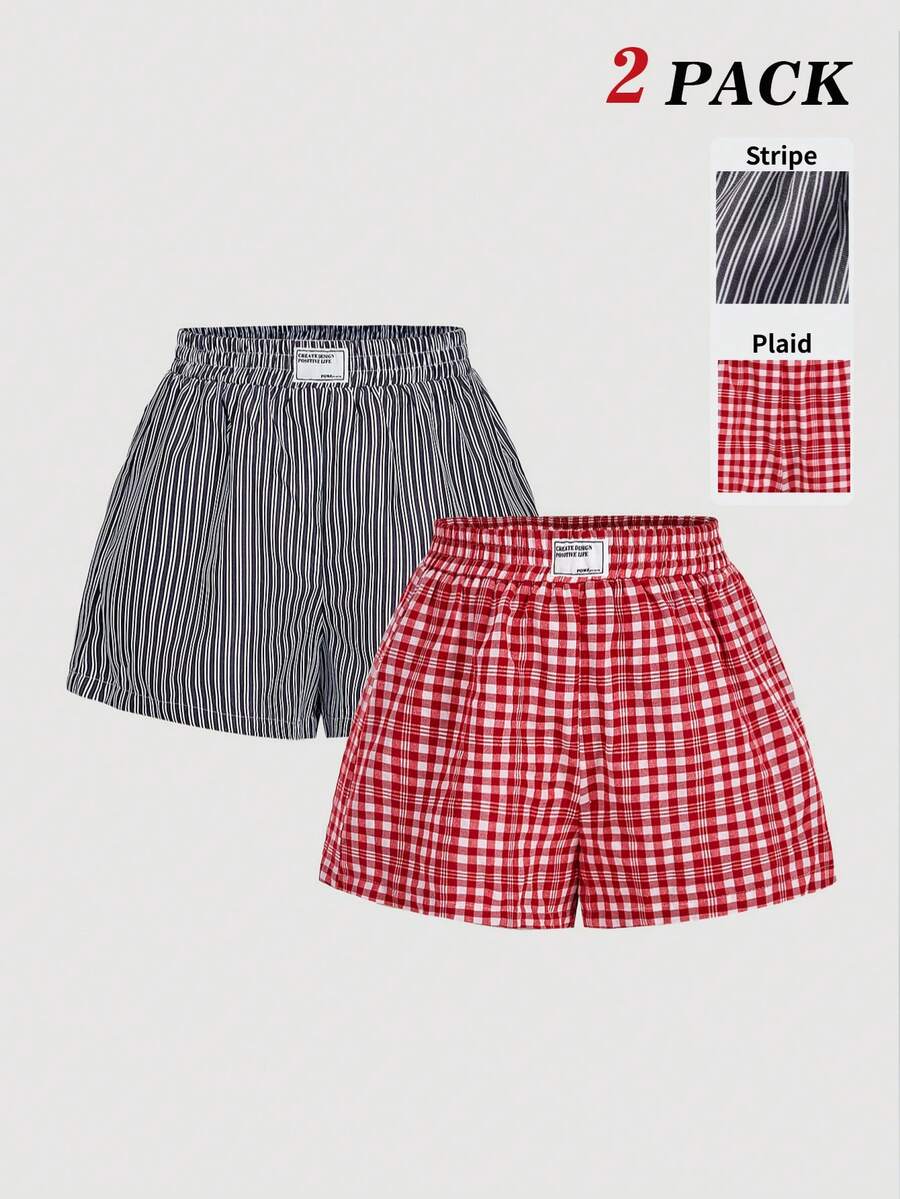 SHEIN MOD 2 chiếc quần short nữ mùa hè kẻ sọc và caro, kiểu dáng thường ngày, xuân/hè, phong cách Valentine, dành cho nữ, mùa hè cho nữ, kẻ sọc và caro, kẻ ô vuông, quần short đi biển, quần short đi biển cho nữ, quần short thường ngày. - Nhiều màu - Xem 1