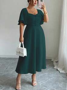 Modelyn Plus Size Dark Green Midi A Line Dress With Ruffle Hem Sweetheart Neck And Cloak Sleeves - Dark Green - View 7