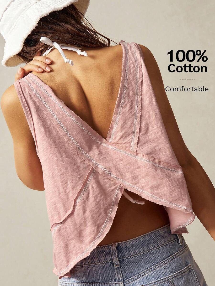 Bohemela Top de punto sin mangas de corte asimétrico con escote en V, unicolor, para dama - Rosa - Ver 1