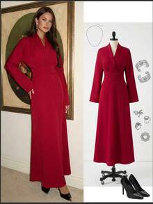Firerie Women's New Satin Solid Color Ruffle Collar Cinched Waist Fishtail Hem Maxi Dress, V-Neck Business Dress, Puff Sleeve Dress, Blazer Style Dress, Fishtail Hem Dress, Spring Summer Autumn Winter Clothing, Elegant, Commute, Date, Party, Wedding Season, Graduation, Prom, Performance, Concert, Work Attire, Back To School, Annual Party, Women's Birthday, Holiday Outfit - Burgundy - View 9