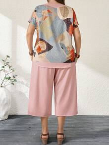 Breezaya Plus Size Women 2 Piece Set - Geometric Print Round Neck Short Sleeve Top And Capri Pants, Spring/Summer - Multicolor - View 2