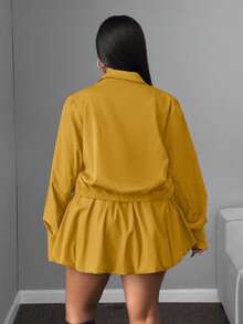Maweii 2pcs Plus Size Women Casual Outfit - Collared Jacket And High Waist Pleated Skirt Set, Suitable For Work And Everyday Wear, Autumn/Winter - Yellow - View 3