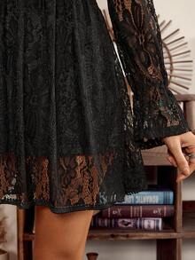 SHEIN LilyWest LanaWest Women's Western Casual V-Neck Lace Patchwork Ruffle Hem Flare Sleeve A-Line Dress - Black - View 3