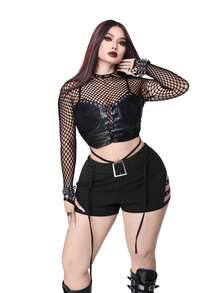 Whyspr Plus Size Punk Style Fitted Lace-Up Eyelet Belted Shorts Goth Shorts Booty Shorts Plus Size Curve Plus Shorts - Black - View 6