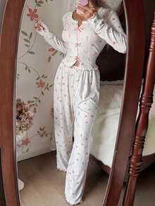 SHEIN White Knit Jacquard Bow Decor Colorful Ditsy Floral Fitted Pajama Set - White - View 1