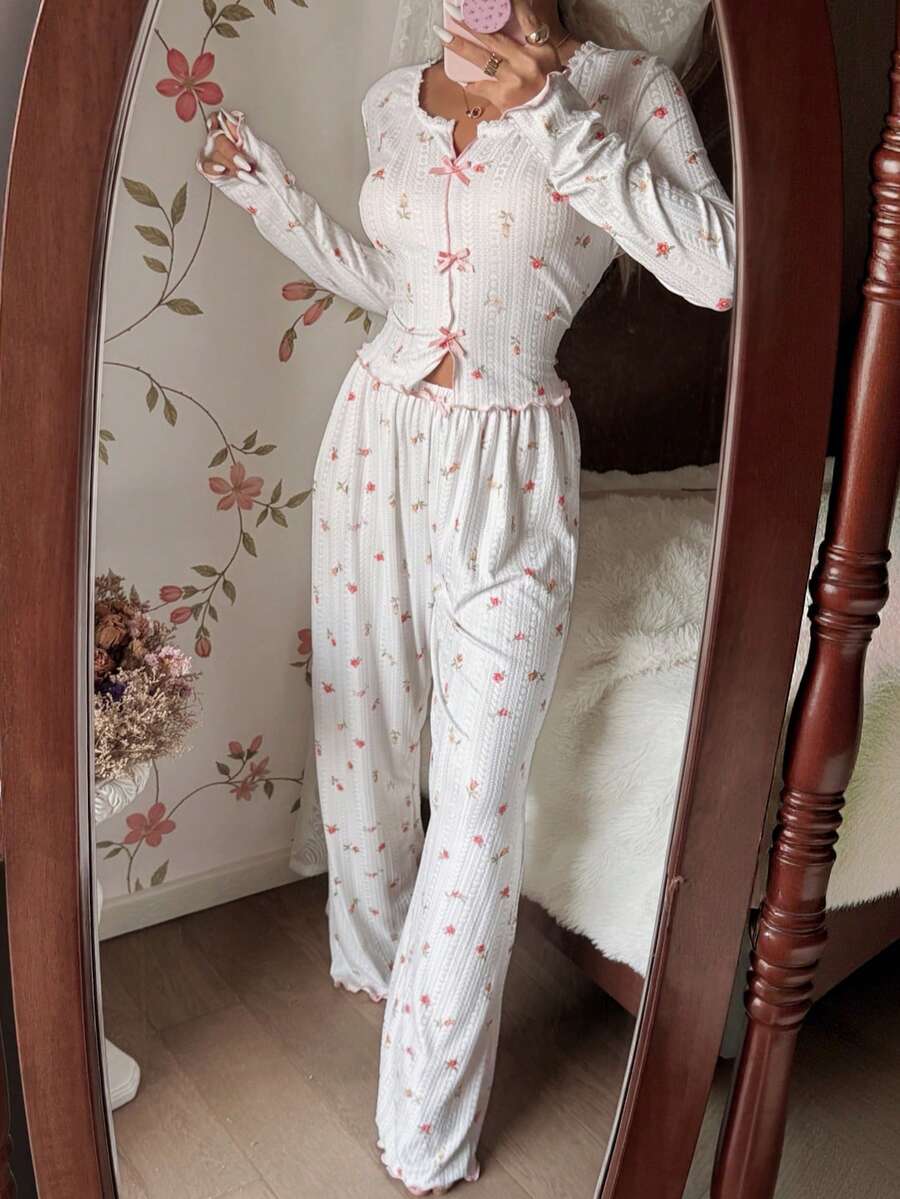 SHEIN White Knit Jacquard Bow Decor Colorful Ditsy Floral Fitted Pajama Set - White - View 1