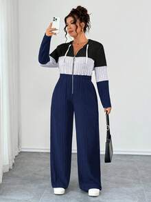 EMERY ROSE Plus Size V-Neck Ring Zipper Decor Long Sleeve Soft Knitted Ribbed Fuzzy Tricolor Contrast Splice Casual Jumpsuit, Home Jumpsuit - Multicolor - View 1