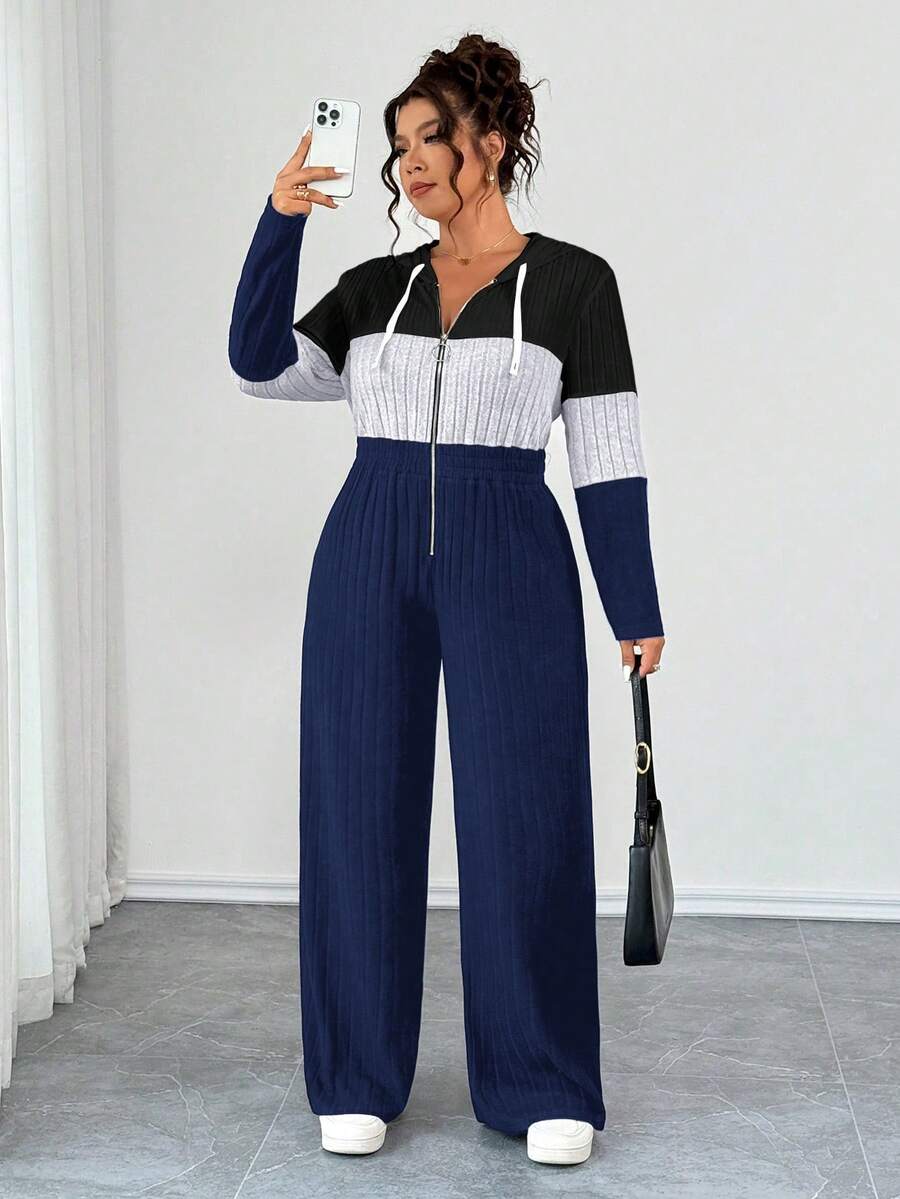 EMERY ROSE Plus Size V-Neck Ring Zipper Decor Long Sleeve Soft Knitted Ribbed Fuzzy Tricolor Contrast Splice Casual Jumpsuit, Home Jumpsuit - Multicolor - View 1