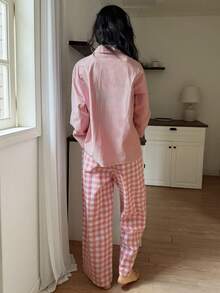 DAZY 纯色宽松上衣和格子睡裤女士睡衣套装 - 粉色 - 查看 2