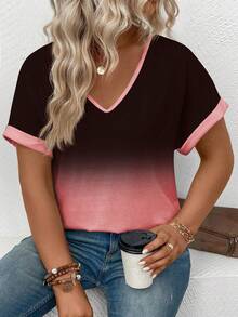 EMERY ROSE Plus Size V-Neck Flipped Cuff Front & Back Ombre Print Digital Printed T-Shirt, Fashionable Casual - Multicolor - View 3