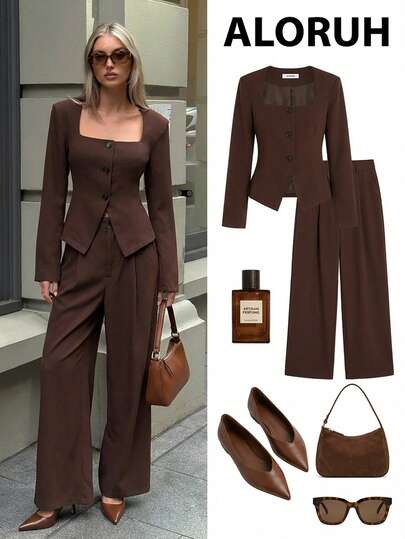 Aloruh Women's Solid Color Minimalist Daily Wear Long Sleeve Top And Pants Suit In Fall/Winter,Brown Blazers And Suit Pants Two-Piece,Coffee-Colored Suit,Commuter 2PCS,Old Money Style,Simple Office Suit,Elegant Women's Sets,Business Casual Woman Curve,Winter Clothes For Women