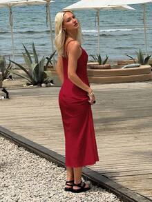 SHEIN EZwear Đầm slip nữ màu đỏ hồng kiểu dáng thường ngày - Màu Hoa hồng đỏ - Xem 2