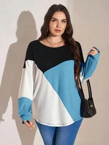 SHEIN LUNE Plus Size Casual Contrast Color Round Neck Lantern Sleeve Sweatshirt, Autumn Plus Size Fall Clothes - Teal Blue - View 7