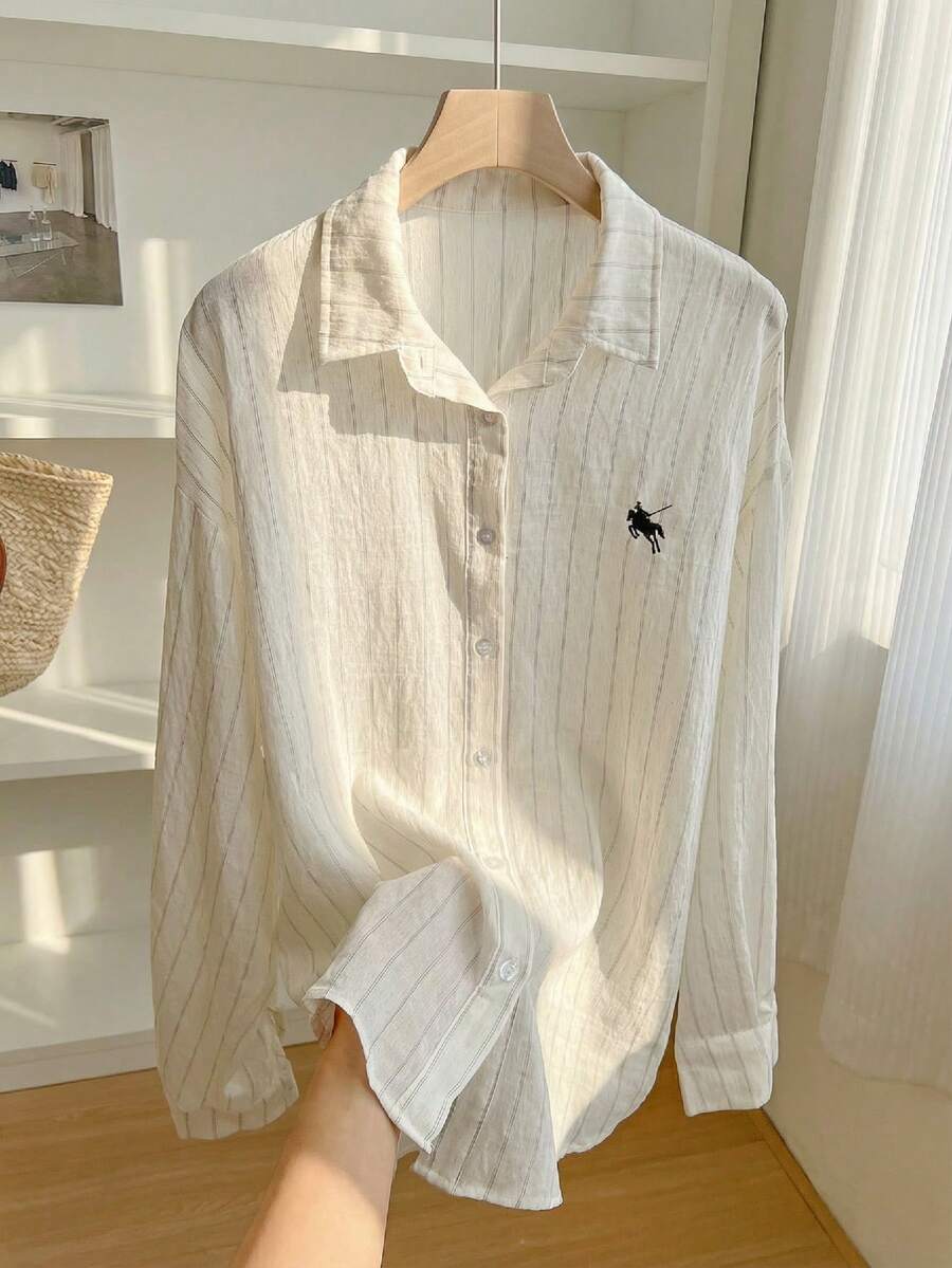 INAWLY 女士夏季休闲条纹刺绣防晒衬衫 - 白色 - 查看 1