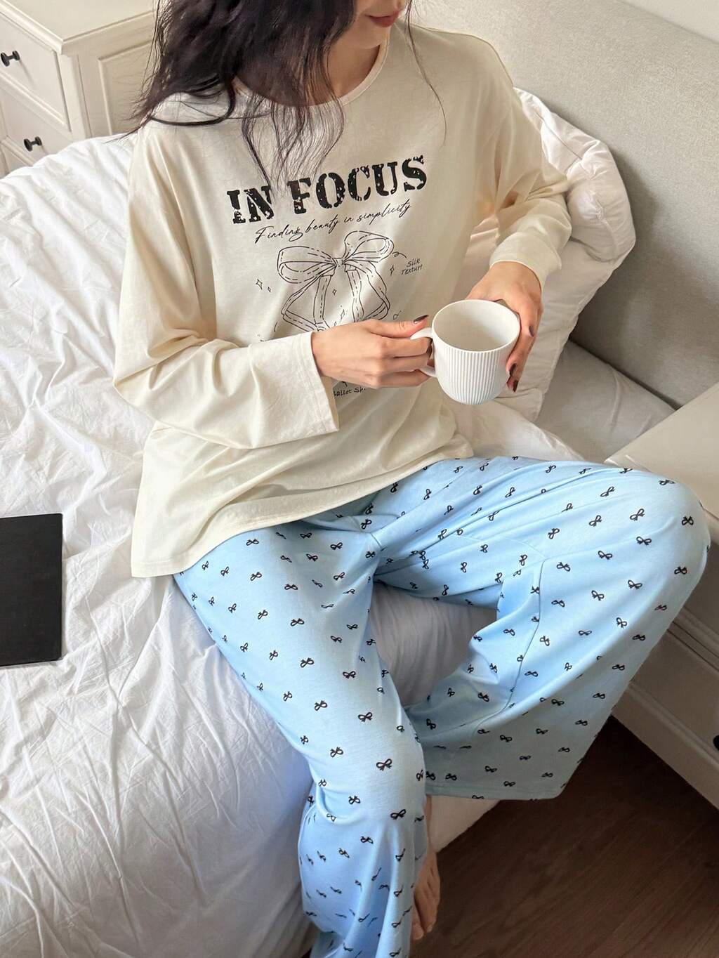 Bow Tie Ballet Shoes & Letter Print Loose Top, Butterfly & Floral Pattern Full Print Pajama Pants Women Sleepwear Set
