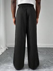 HUEFORM Pantalones rectos de corte relajado de unicolor con cintura elástica para hombre, pantalones anchos de pierna suelta de unicolor con costura frontal, pantalones anchos versátiles en negro oversize, regalos para novio, ropa urbana para hombre, pantalones anchos a rayas para uso casual, pantalones de rayas para hombre, pantalones plisados para hombre, pantalones anchos de rayas para hombre, pantalones anchos plisados para hombre - Negro - Ver 3