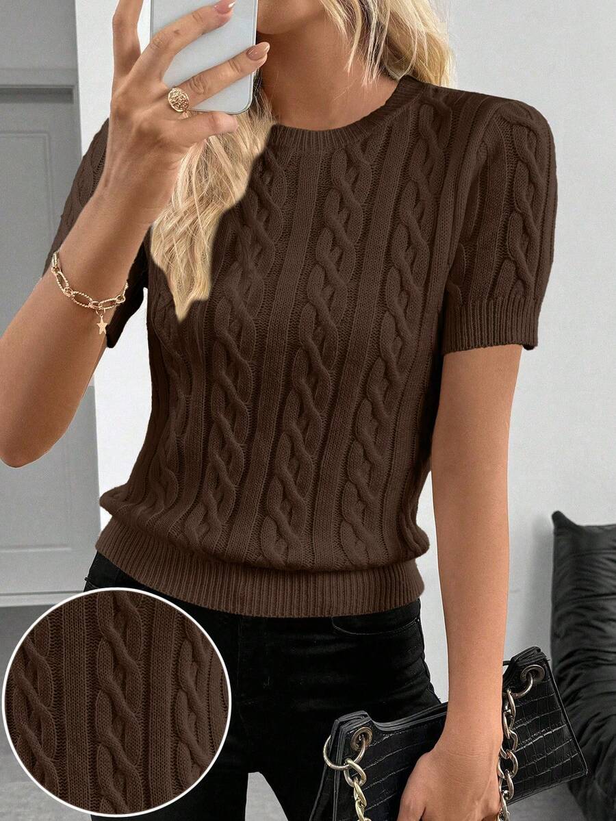 SHEIN Cottnline Blogger-Inspired Twist Rope Decor Round Neck Knit Sweater, Versatile, Autumn/Winter - Brown - View 1