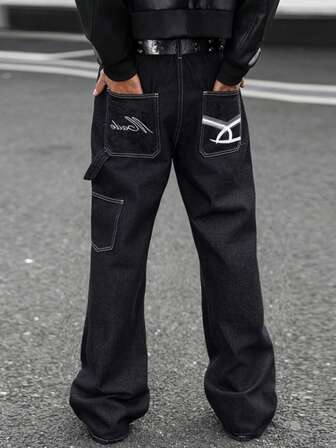 Manfinity Roghcode Men's Straight Leg Embroidered Jeans