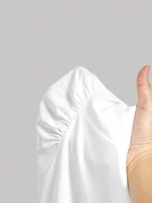 SHEIN MOD 大尺碼藍白復古風景印花女式襯衫，秋季優雅婚禮賓客不對稱長版泡泡袖拼接下擺上衣 - 藍白色 - 查看 7
