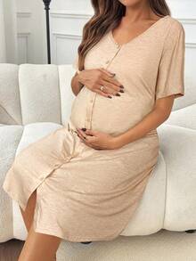 SHEIN 孕妇纯色简约休闲短袖服装 - 杏色 - 查看 5