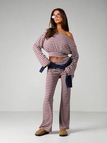 MISSGUIDED Striped Off Shoulder Long Sleeve Crop Top With High Waisted Wide Leg Pants Two Piece Lounge Set Casual Outfit - Multicolor - View 1