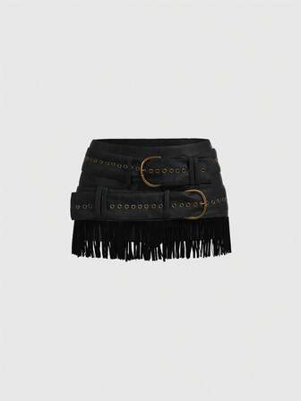 ROMWE Grunge Punk Retro Fringe Design Distressed PU Mini Skirt, Low Waist, Suitable For Music Festival Outfits