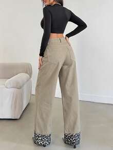 EURMUSE HIGH RISE WIDELEG JEAN WITH LEOPARD PETITE - Khaki - View 2