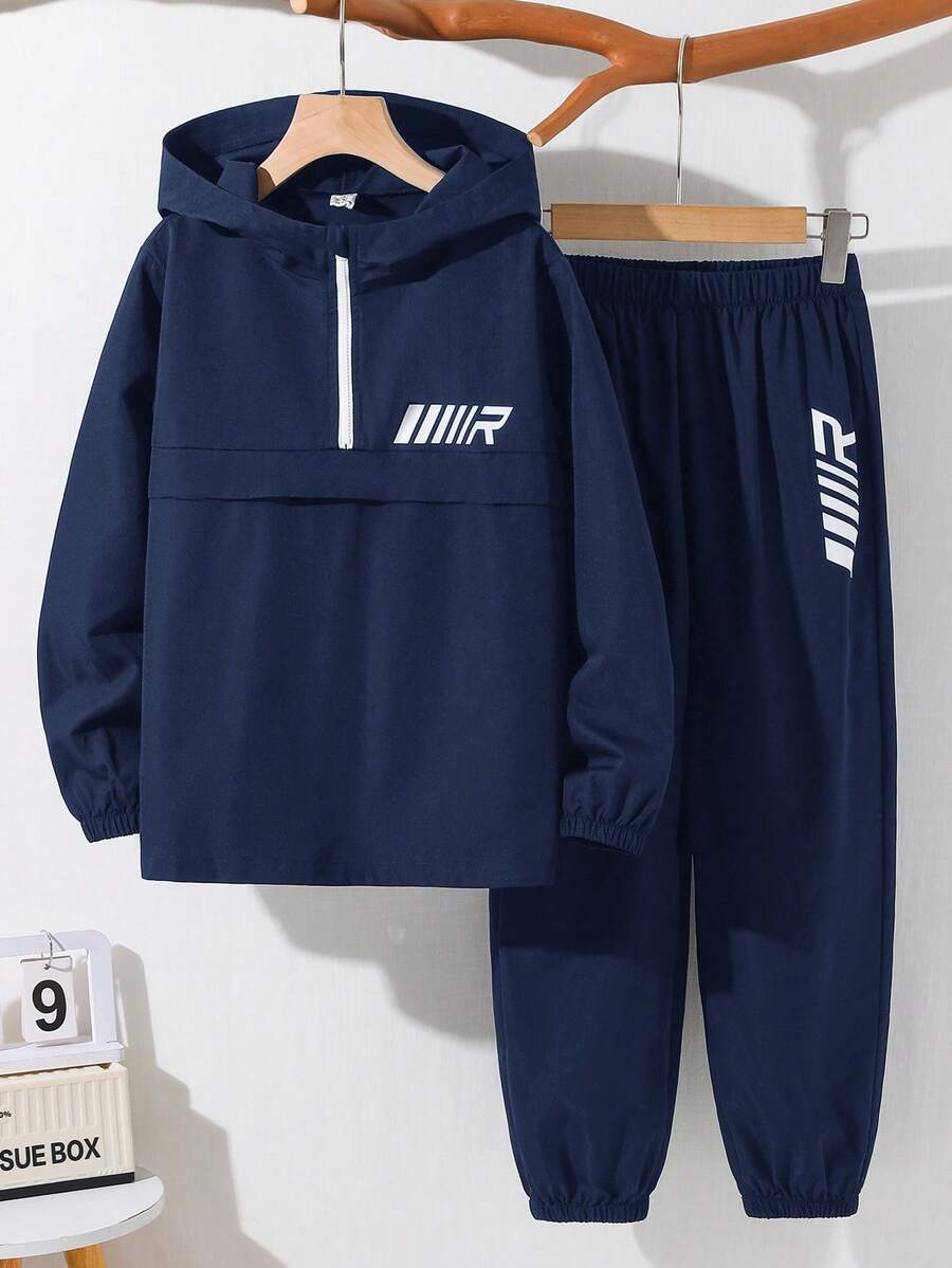 SHEIN 两件套男童半拉链连帽外套和运动裤套装,秋冬季休闲运动风 - 藏蓝色 - 查看 1