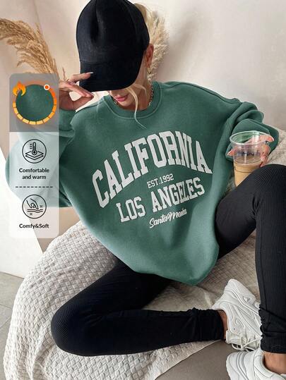 SHEIN Tall Tall Size Women Casual Solid Color Cotton Letter Print Drop Shoulder Sweatshirt